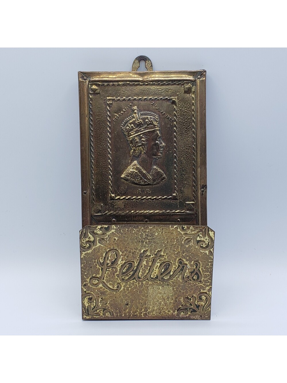 Vintage Brass and Wood Letter Holder Rack Queen Elizabeth Coronation 1953 HTF
